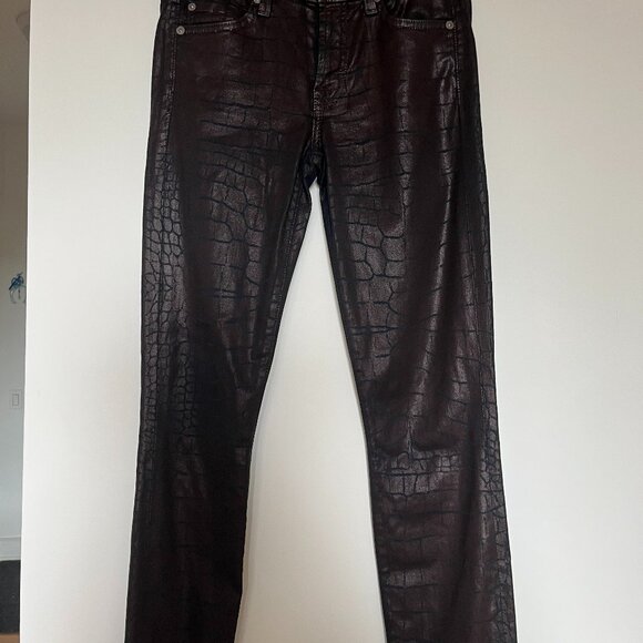 7 MANKIND - WAXED EMBOSSED CROCCO JEANS - SIZE 25 - BURGUNDY/NAVY - ALMOST NEW - Picture 1 of 5